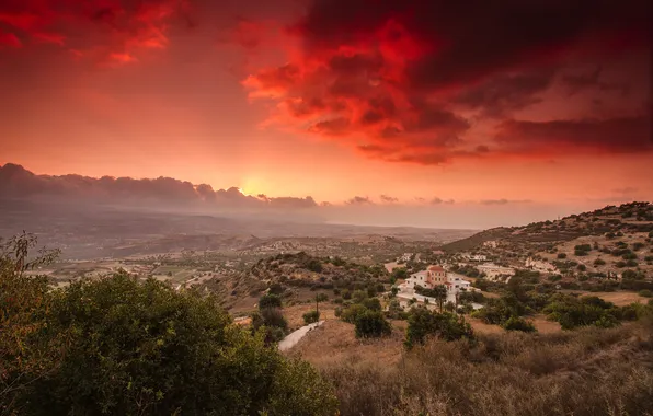 The sky, clouds, house, Villa, valley, glow