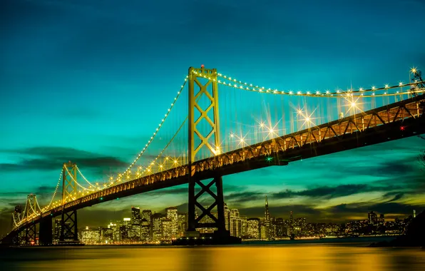 Picture the sky, lights, the evening, CA, San Francisco, Bay Bridge, United States
