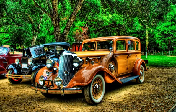 Trees, retro, lights, the hood, hdr, Parking