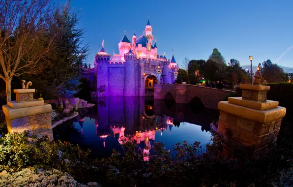 Water, lights, reflection, tale, backlight, Sleeping Beauty's Castle, Disneyland, Sleeping Beauty Castle