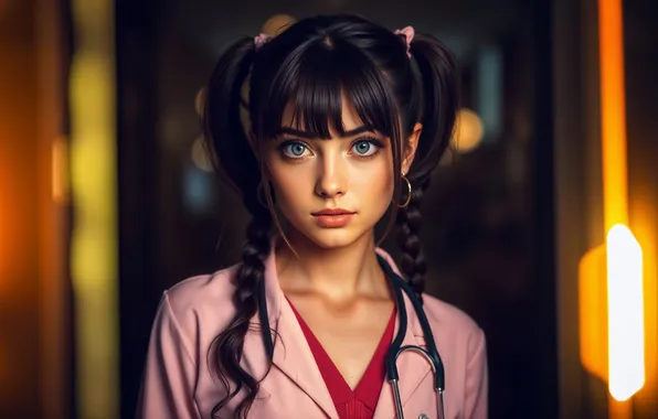 Eyes, look, girl, portrait, Dr., beautiful, nurse, in pink