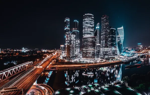 Road, light, night, the city, lights, Moscow, Russia, Moscow City