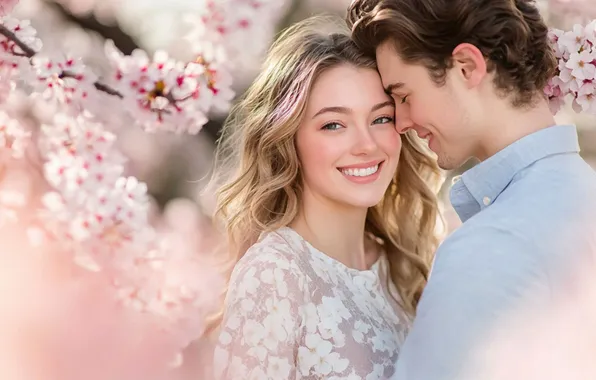 Girl, love, flowers, smile, spring, garden, pair, male