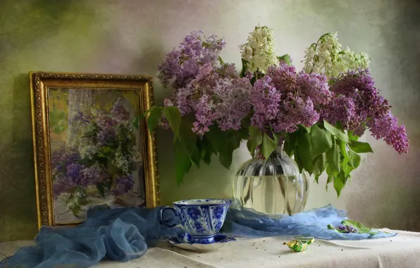 Branches, picture, scarf, Cup, vase, still life, lilac