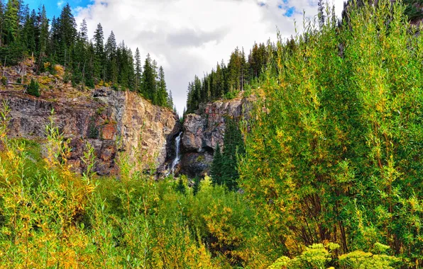 Picture the sky, clouds, trees, mountains, rocks, waterfall, gorge