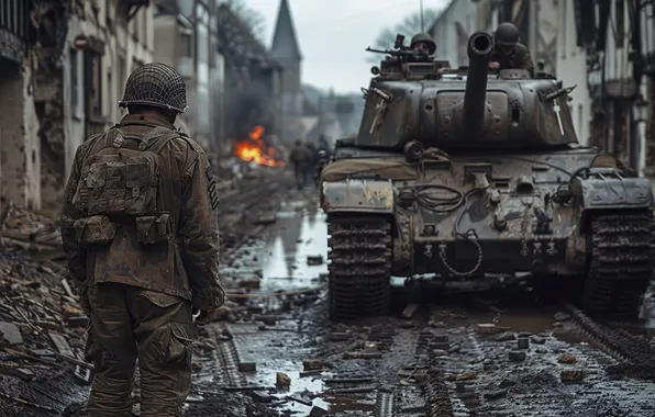 Home, Dirt, Soldiers, Tank, WWII, The great Patriotic war, The Second World War, Digital art