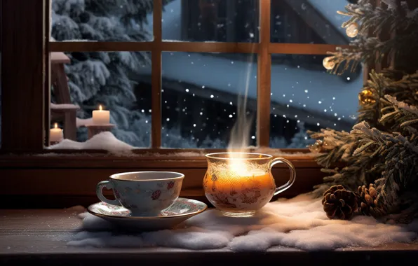 Picture winter, snow, snowflakes, night, tree, candle, New Year, window