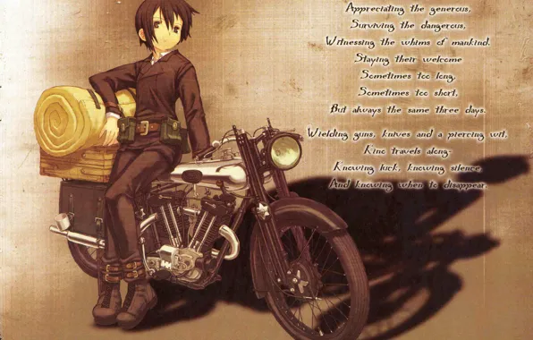 Text, shoes, motorcycle, gloves, art, mattress, kino no tabi, kouhaku kuroboshi