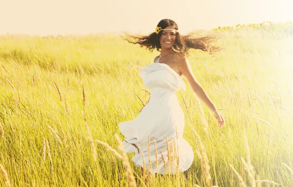 Field, girl, joy, brown hair