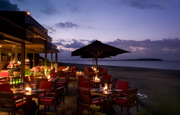 Picture the ocean, the evening, restaurant, the hotel, resort, terrace