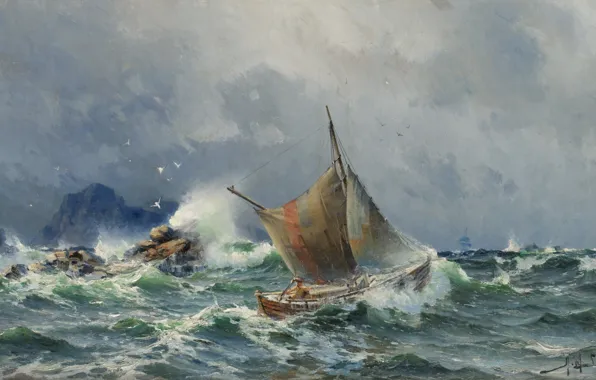 Picture wave, birds, stones, rocks, sail, boat, Herman Gustav Sillen, Stormy sea