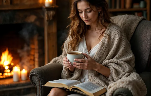 Girl, pose, comfort, house, heat, room, fire, flame