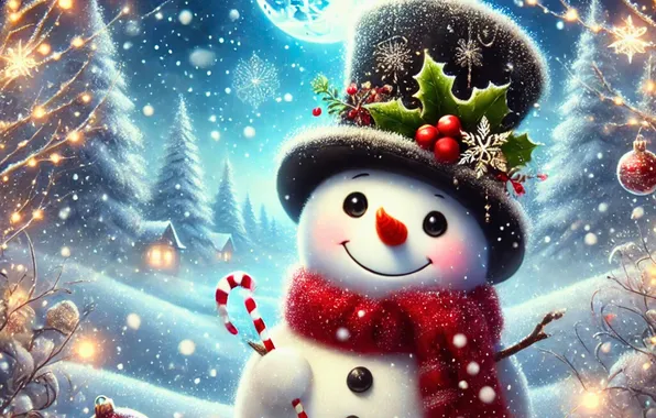Winter, balls, snow, night, lights, the moon, hat, scarf
