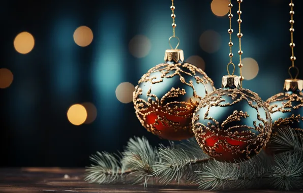 Balls, glare, balls, Christmas, New year, spruce branches