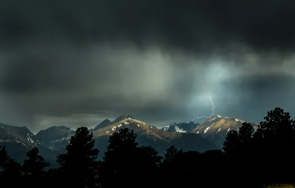 Picture the sky, trees, mountains, clouds, nature, rocks, lightning