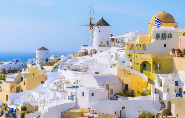 Picture summer, white, sea, ocean, houses, flag, architecture, cityscape