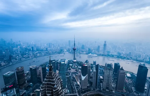 Picture fog, river, blue, home, skyscrapers, panorama, China, Shanghai