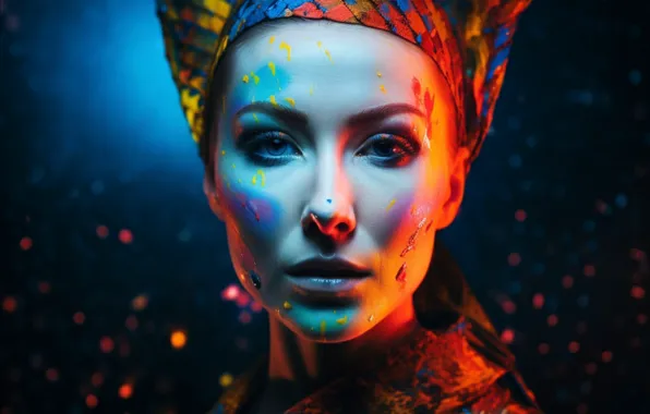 Girl, face, paint, portrait, makeup, black background, painting, body painting