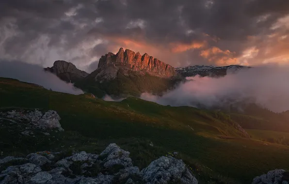 Clouds, The evening, Mountains, Fog, Hayrakov-Shomanai, The damn gate at sunset