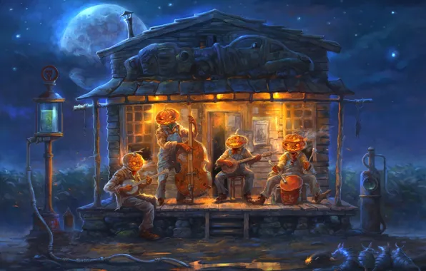 Night, house, the moon, art, pumpkin, Halloween, rats, orchestra