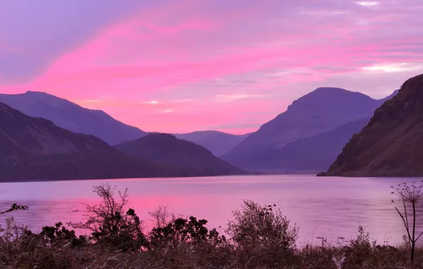 Mountains, lake, lilac, dawn
