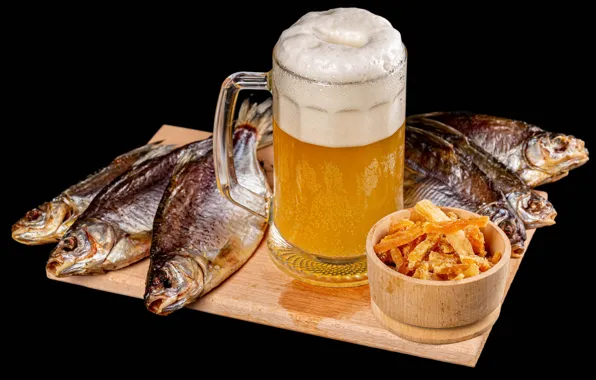 Foam, Board, beer, fish, mug, black background, bokeh