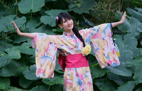 Girl, braid, kimono, Asian