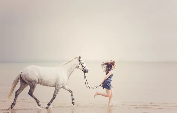 Picture sea, girl, horse