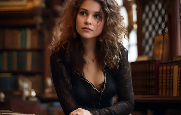 Picture girl, book, library, AI art, The Art of Artificial Intelligence, neural network