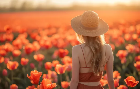 Field, girl, light, flowers, back, spring, hat, tulips