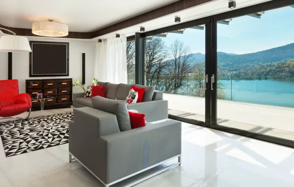 Room, interior, windows, living room, Modern living room, lake view