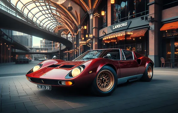 Red, the city, building, gallery, arch, Lamborghini Miura, Lambordgini