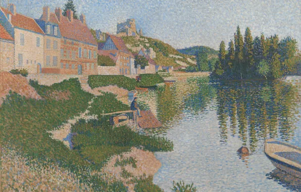 The city, river, boat, home, picture, Paul Signac, pointillism, Les Andelys