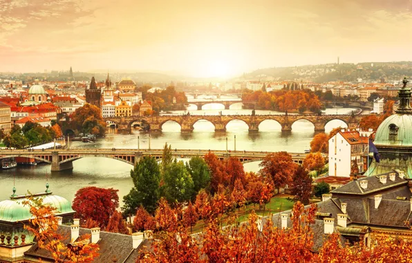 Autumn, bridge, river, Prague, Czech Republic, panorama, Vltava