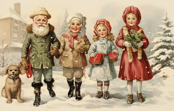 Winter, snow, children, retro, Christmas, gifts, New year, vintage