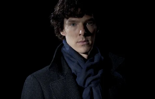 Look, portrait, curls, Sherlock Holmes, black background, Benedict Cumberbatch, Benedict Cumberbatch, Sherlock