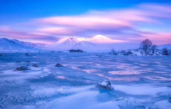 Winter, clouds, snow, trees, mountains, stones, ice, plain