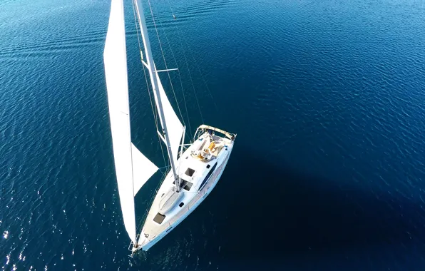 Sea, the way, the wind, yacht, sails, drone view, sailboat Elan-45, birds eye angle