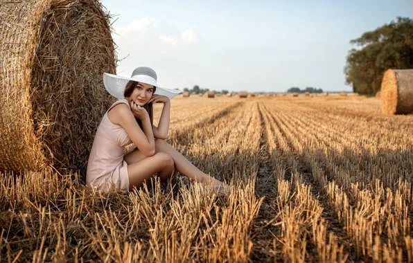 Field, girl, the sun, pose, shadow, dress, hay, beautiful