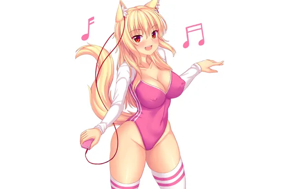Girl, sexy, cleavage, thighhighs, erect nipples, long hair, boobs, animal ears