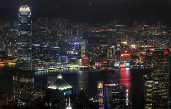 Picture the city, China, Hong Kong, skyscrapers, neon, skyscrapers, night.