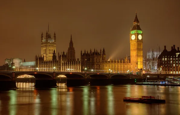 Night, bridge, lights, river, England, London, tower, Thames
