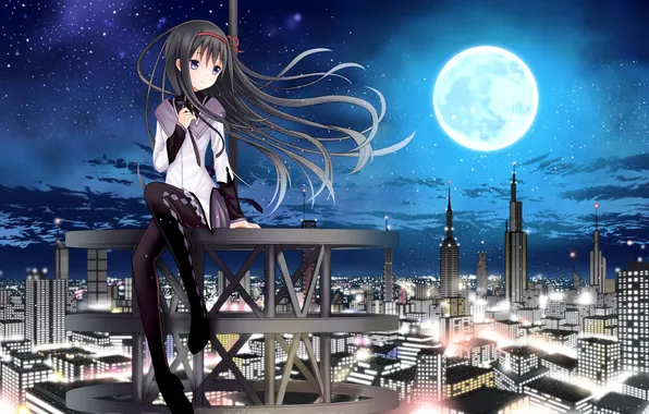 Picture girl, night, the city, lights, the wind, the moon, building, mahou shoujo madoka magica