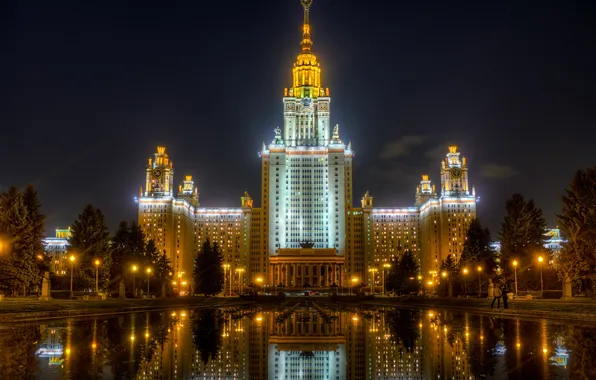 Picture night, lights, reflection, the building, lights, Moscow, University, water