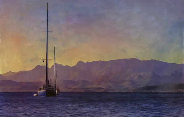 Picture sea, the sky, mountains, yacht, canvas