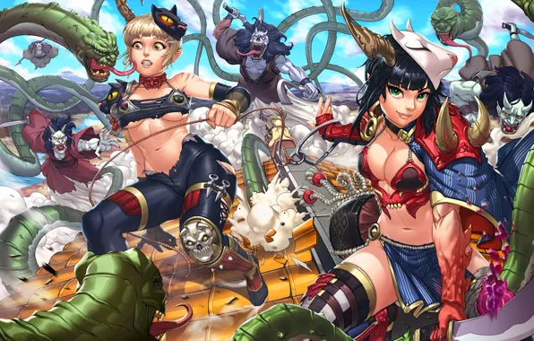 Weapons, explosions, Girls, armor, fight, demons
