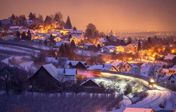 Picture winter, night, lights, home, Germany, slope, Bayern, Hermansberg