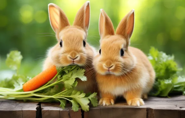 Look, nature, pose, rabbits, kids, a couple, Duo, vegetables