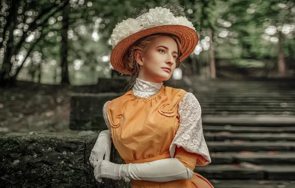 Look, girl, retro, Park, photo, hat, ladder, bokeh