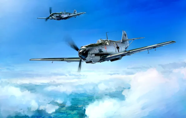 Picture Germany, Messerschmitt, painting, Air force, The second World war, piston fighter, Bf.109E-3, Bavarian Aircraft Works